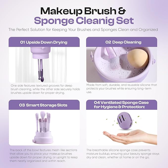 Makeup Brush Cleaner Mat 3 in 1 and Makeup Sponge Holder set - Make Up Brush Cleaner Cleanser and Make Up Sponge Holder - Limpiador de Brochas de Maquillaje (Purple)