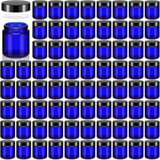 Norme 96 Pcs 4 oz Glass Jars with Lids Leakproof Round Airtight Empty Cosmetic Jars with Inner Liners Lid for Storing Lotions Powder Ointments Candle Making Tins (Black,Blue)