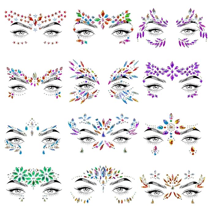 12 Sets Face Jewels Face Gems Mermaid Glitter Rhinestone Crystal Sticker Waterproof Eyes Face Temporary Tattoos for Party,Rave Festival,Carnival,Holiday Costumes,Rave Accessories,Makeup
