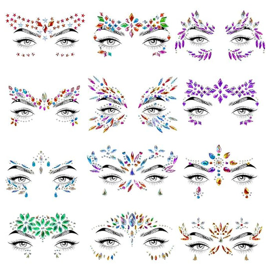 12 Sets Face Jewels Face Gems Mermaid Glitter Rhinestone Crystal Sticker Waterproof Eyes Face Temporary Tattoos for Party,Rave Festival,Carnival,Holiday Costumes,Rave Accessories,Makeup