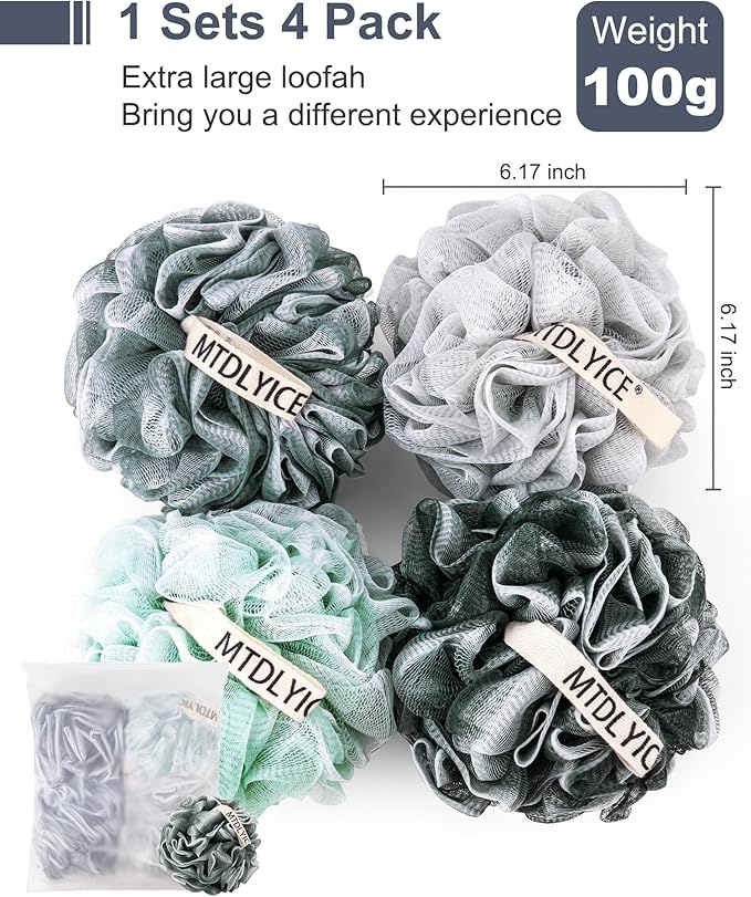 Loofah Sponge, XXL Large Loofah 100g 4 Pack, Bath Sponge Soft Mesh Shower Loofah for Men, Body Scrub, Shower Pouf Bath Accessories, for Body Wash, Soap (Blue Gray)