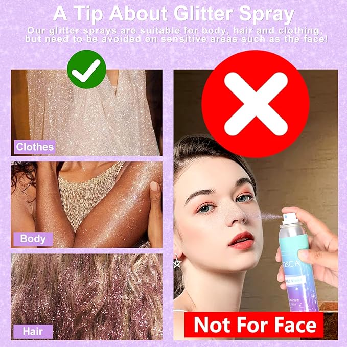 YOSCA Body Glitter Spray, 150ML Shimmer Glitter Hairspray, Glitter Spray for Hair Body Clothes, Quick-Drying and Long-Lasting Shiny Glitter Spray for Festival Music Concert Party Rave Accessories