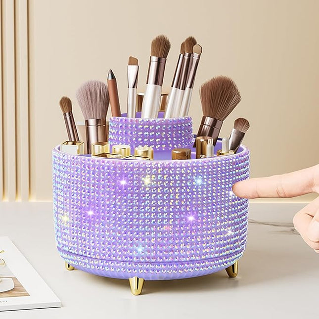Diesisa Bling Diamond 360° Makeup Brush Holder Organizer, Rotating Makeup Brush Organizer,5 Slot Make up Brushes Cup for Cosmetics, Vanity Desktop Organizer, Gift for Women Teen Girls- Diamond Purple