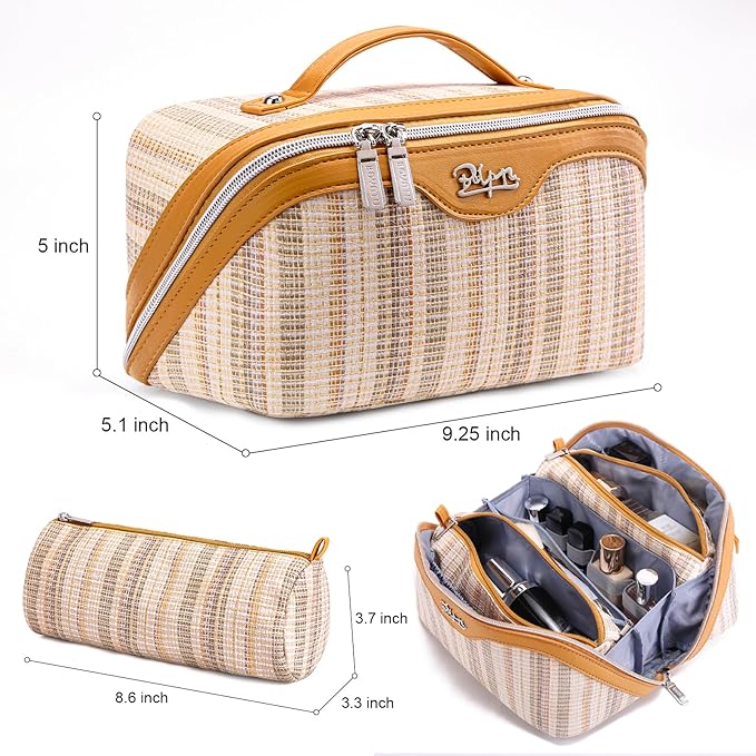 Travel Makeup Bag for Women: Large Capacity Open Flat Make up Bag Set of 3 - Vegan Leather Cosmetic Bag with Compartments - Waterproof Toiletry Bag with Handle & Divider(Gold)