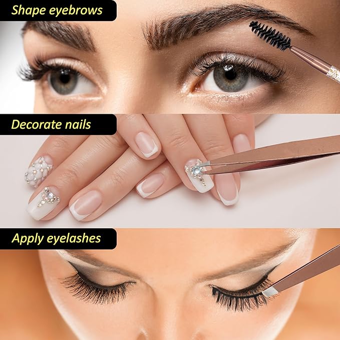 Forever 21 3pc Rose Gold Tweezer Set & Glitter Spoolie - Hair Removal Tweezers,Angled and Pointed Tweezer Set, Precision Tweezers & Eyelash Spoolie Set