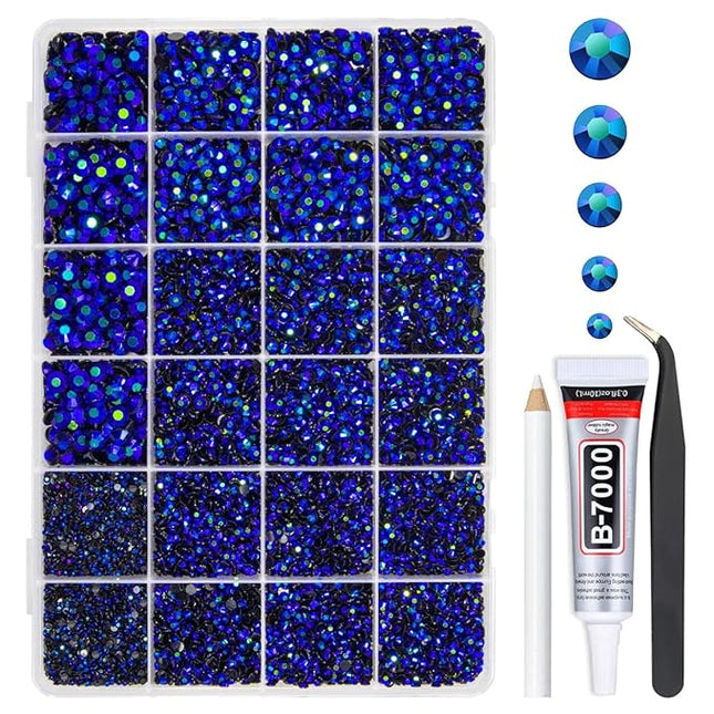 qiipii Sapphire Blue AB Resin Rhinestones w B7000 Glue for Bedazzling Crafting 2mm-6mm Flatback Jelly Stones Diamonds Gems Bedazzler Kit for Nails Face Eyes Makeup Tumblers Bottles DIY Crafts Shoes