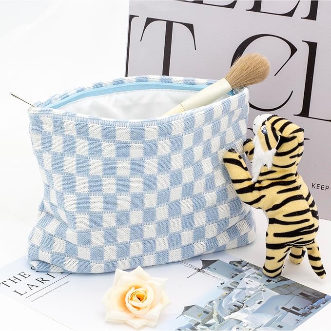 PAZIMIIK Knit Checkered Makeup Bag Large Zipper Make Up Accessory Pouch for Purse Cosmetic Brush Bag for Travel Essential,Blue