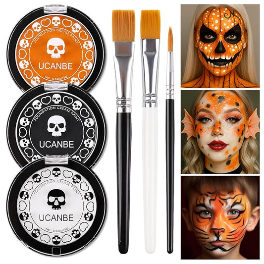 White Foundation + Black Orange Face Body Paint with Brushes for Halloween Pumpkin Clown Makeup, Non Toxic Face Painting Kit Facepaints Set for Kids Adults Party Scarecrow Tiger SFX Cosplay Make Up