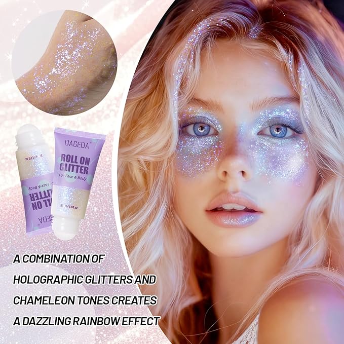 DAGEDA Roll-on Body Glitter,Holographic Eye Face Hair Glitter Gel for Festival Outfit Mermaid Accessories,Chameleon Color Body Shimmer Makeup Rave Outfits Accessories for Women 50ml(Fantasy)