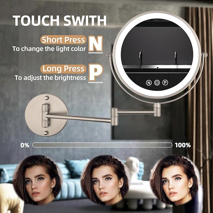 9" Wall Mounted Lighted Makeup Mirror with Magnification, 1X/10X Magnifying Mirror with Light, 3 Color LED Dimmable 2000mAh Rechargeable Light Up Magnifying Mirror Nickel Extendable