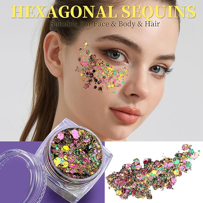 Teenitor Body Glitter Face Glitter for Halloween Makeup, Gold Purple Green Mixed Festival Glitter, Hair Glitter Gel for Halloween Rave Festival, Mardi Gras Glitter for Women Kids