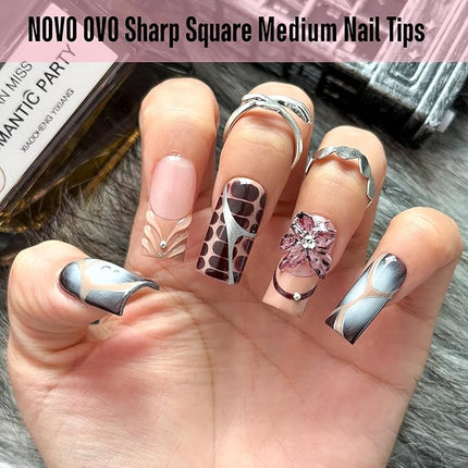 NOVO OVO Sharp Square Medium Nail Tips Press on, Natural (Not Sculpted) No C Curve Soft Gel Double Matte Clear Fake Nail Extension,Full Cover False Nails for Salon DIY Manicure x 15 Sizes 450 pcs