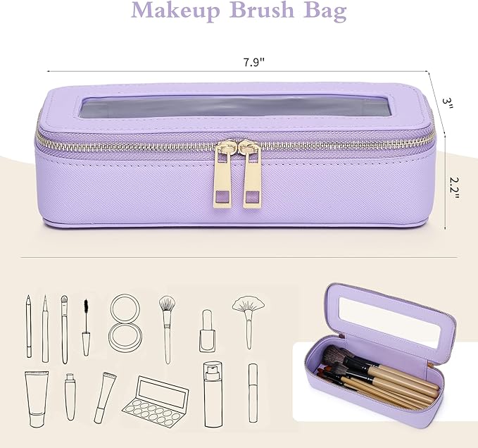 Pinkmik Makeup Brush Case Clear Travel Cosmetic & Toiletry Bag Small Makeup Bag with Zipper Purse Organizer Car Essential Bag for Women (X/Purple, SLIM)