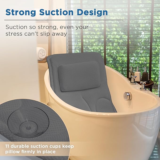 Full Body Bath Pillow for Tub, Extra Thick 4D Air Mesh & Quick-Dry Spa Pillow for Head Neck and Beck Support, Non-Slip Suction Cups Fits All Tubs - Luxury Bath Accessories for Relaxation, Grey (Grey)
