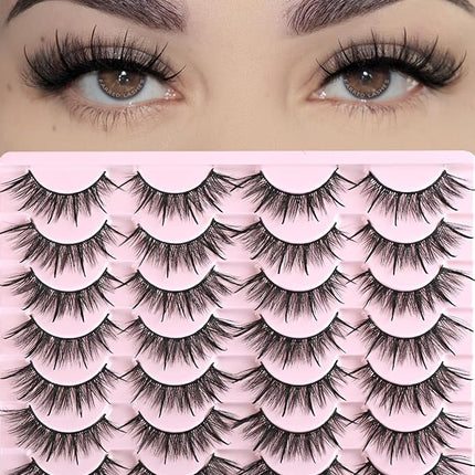 FARRED Wispy Lashes Hybrid Mink Eyelashes 14 Pairs Short Cat Eye Natural Fluffy False Eyelashes Faux Mink Strip Eye Lashes Pack for Daily Makeup (F17 | 8-16 mm)