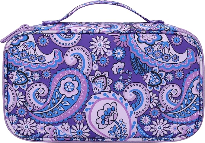 Relavel Travel Makeup Bag, Small Floral Cosmetic Bag with Makeup Brush Compartment, Portable Makeup Pouch for Women, Double Layer Cute Toiletry Organizer Bag, Purple Flower