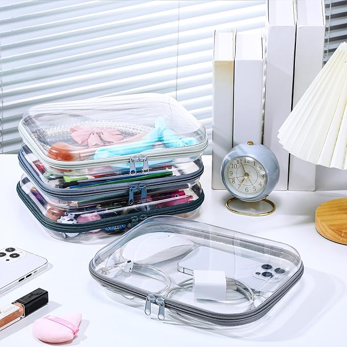 Hoolerry 4 Pcs Hard Clear Zipper Case Makeup Bags Plastic Pencil Pouch Transparent Storage Box Containers for Cosmetics, Snacks, Building Blocks, Puzzles(Morandi,9.8 x 7.9 x 2 in)