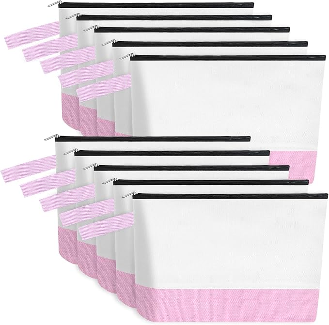 10 Pieces Cotton Canvas Makeup Bag with Bottom and Strap, Multi-Purpose Cosmetic Bag with Zipper Travel Toiletry Pouch, Blank DIY Craft Bag (White&Pink, L)