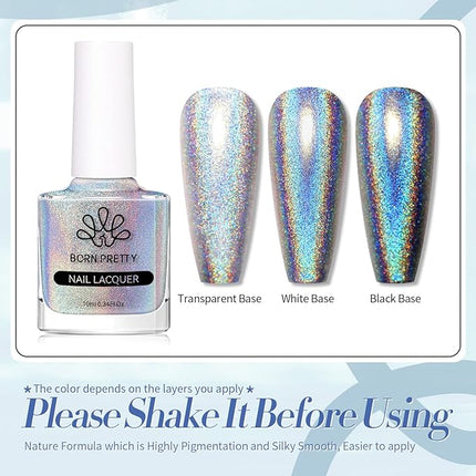 Born Pretty Sequin Single Silver Nail Polish Holographic Sparkle Nail Polish Quick Dry Nail Art Varnish 10ML