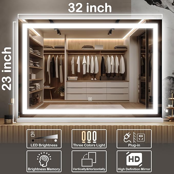 FENNIO Large Vanity Mirror with Lights，32" x 22"Lighted Makeup Mirror, Large Makeup Mirror with Lights, Touch Sensor with Dimmable 3 Modes， Vanity Mirror Square White