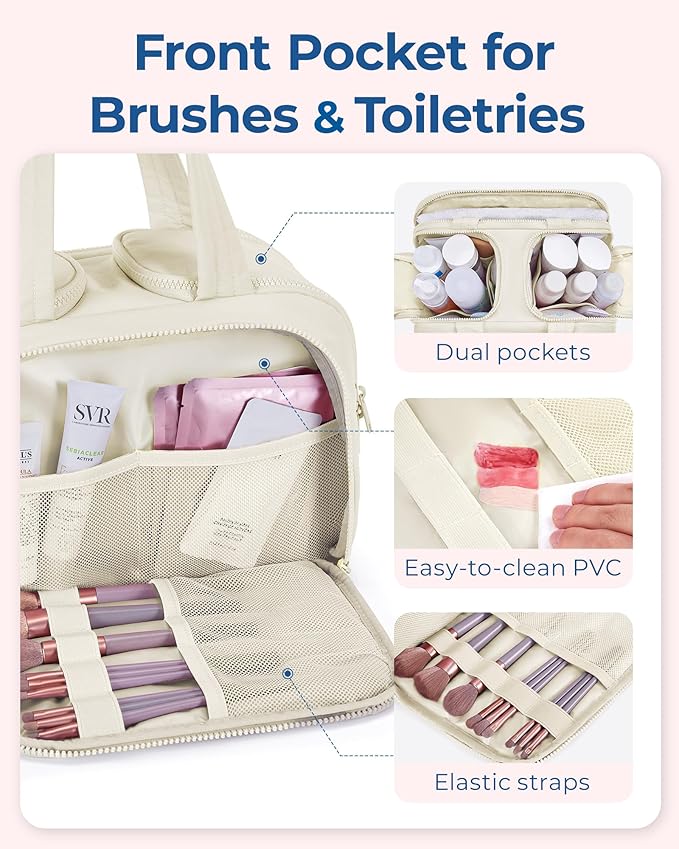 BAGSMART Travel Toiletry Bag, Lightweight Large Wide-open Travel Bag for Women, Puffy Cosmetic Makeup Bag Organizer with Handle for Accessories,Essentials, Toiletries, Beige