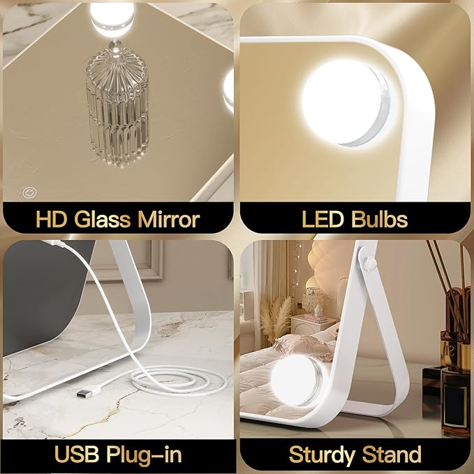 Hollywood Vanity Mirror with Dimmable LED Lighting, Smart Touch Control & U-Shaped Bracket - Portable Tabletop Makeup Mirror for Travel, Home (White)