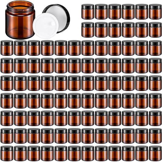 Norme 120 Pcs 4 oz Glass Jars with Lids Leakproof Round Airtight Empty Cosmetic Jars with Inner Liners Lid for Storing Lotions Powder Ointments Candle Making Tins (Black,Amber)