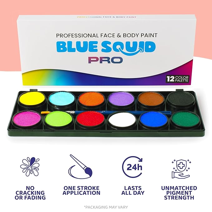 Blue Squid PRO Professional Face Painting Kit - 12 Color Palette with 2 Brushes, Face & Body Paint Kits for Adults & Kids - Safe & Washable SFX Makeup for Parties & Halloween Makeup