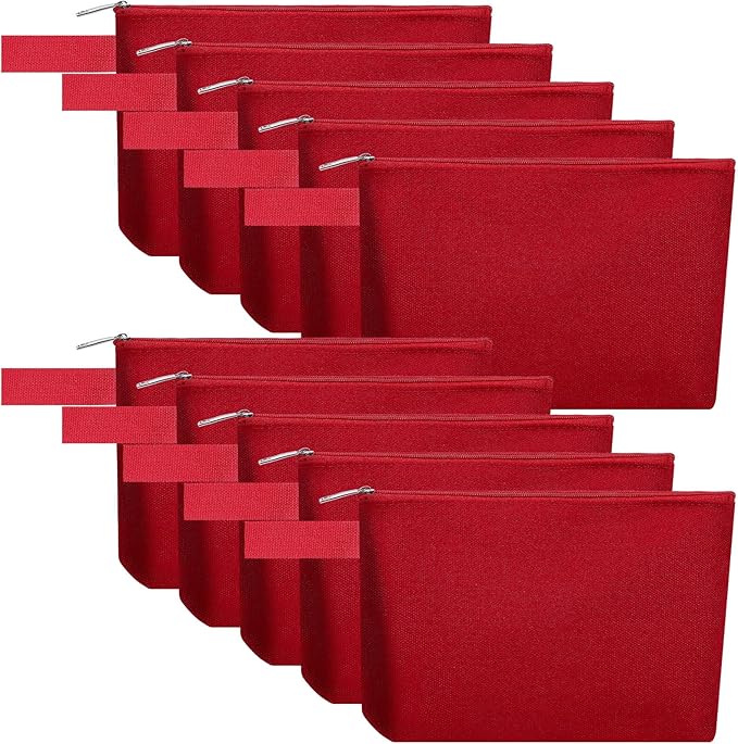 10 Pieces Cotton Canvas Makeup Bag with Bottom and Strap, Multi-Purpose Cosmetic Bag with Zipper Travel Toiletry Pouch, Blank DIY Craft Bag (Red, M)