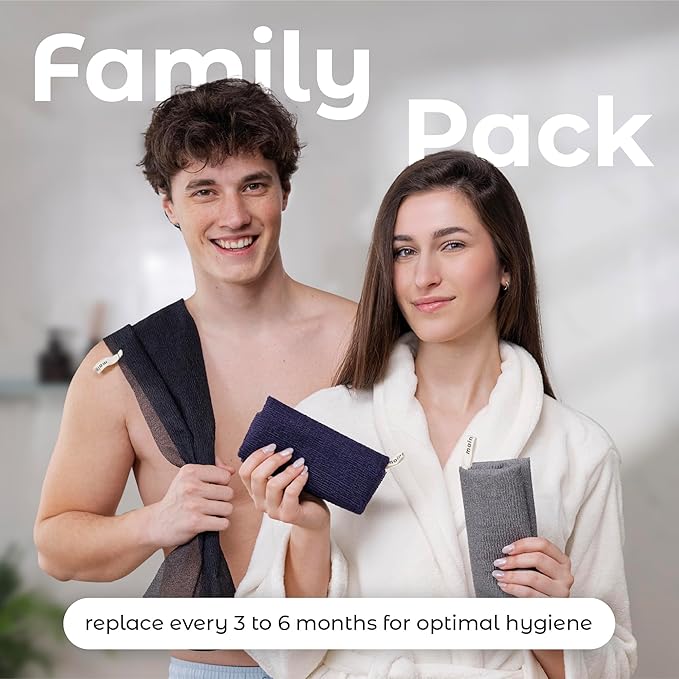 MainBasics Exfoliating Shower Towel - Japanese Nylon Bath Towel and Body Washcloth, Quick-Dry, Durable, Deep Exfoliation (Set of 3, Black Ice)