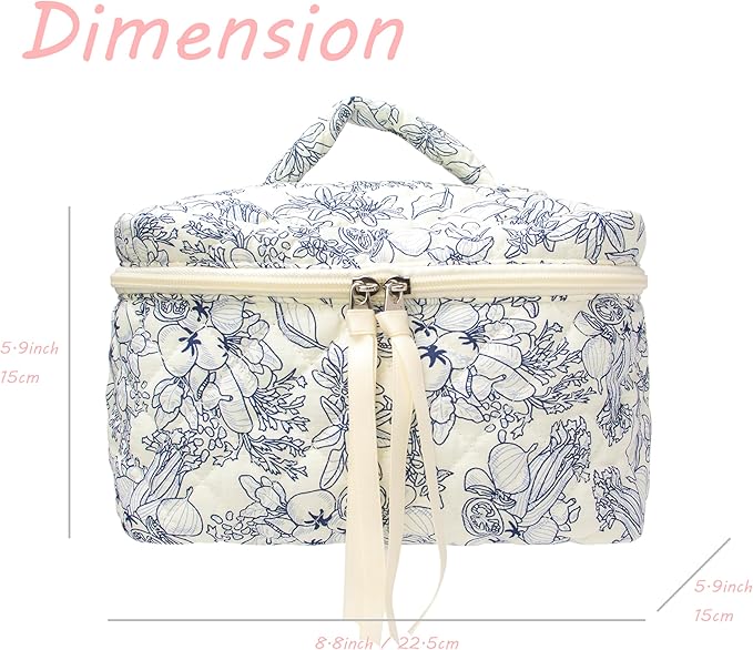 PAZIMIIK Quilted Makeup Bag Large Travel Zipper Soft Cosmetic Case for Women Girls Make Up,Flower White