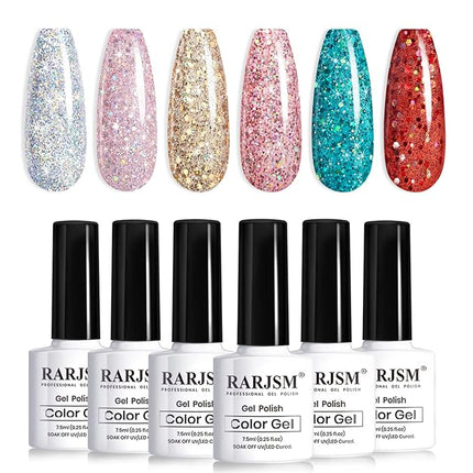 RARJSM Glitter Gel Nail Polish Set of 6 Colors Diamond Silver Sparkly Holographic Champagne Gold Iridescent Red Chunky Pigments Gel Polish Soak off Led UV Curing Required for Nail Salon Manicure
