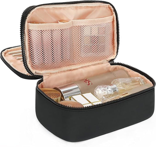 Relavel Makeup Bag Small for Women, Portable Cute Travel Cosmetic Bag, 2-Layers Design with Makeup Brush Compartment for Girls, Preppy Make Up Organizer for Travel Essentials Toiletries, Black
