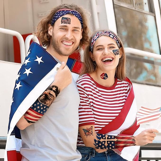 77 Sheets Independence Day Temporary Tattoos, USA Flag Patriotic Waterproof Fake Tattoos, Red White and Blue Party Supplies Tattoo for 4th of July Memorial Day, Veterans Day Tattoos
