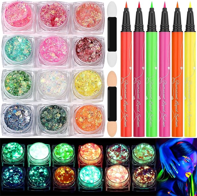 Glow in The Dark Glitter Gel with UV Neon Liquid Eyeliner Pen Set for Body Face Hair Eye, Makeup Kit for Rave Accessories Party Halloween Anime Cosplay Concerts Festival Carnival Face Paint