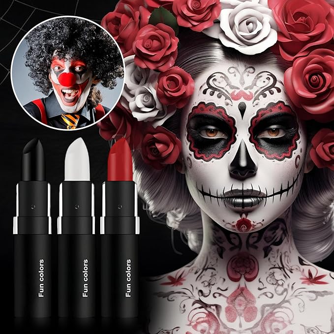 Black And Red Face Paint, Clown Make Up,Halloween Clown Black White Red Face Body Paint Stick Cream for Skeleton Vampire Skull Cosplay Special Effects Costume Sfx Halloween Makeup Kit