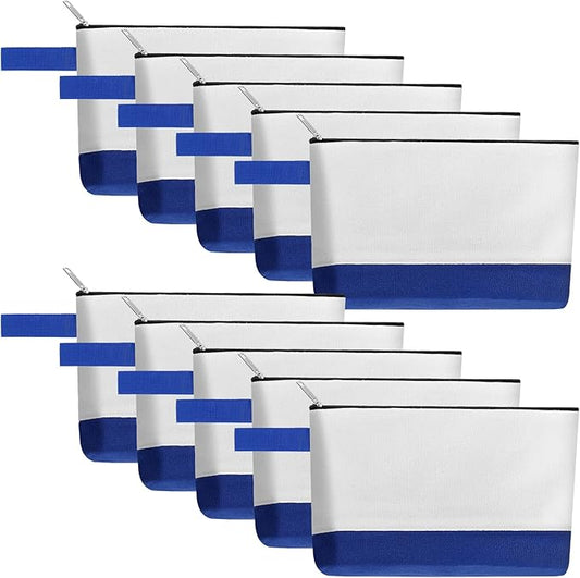 10 Pieces Cotton Canvas Makeup Bag with Bottom and Strap, Multi-Purpose Cosmetic Bag with Zipper Travel Toiletry Pouch, Blank DIY Craft Bag (White&Blue, XS)