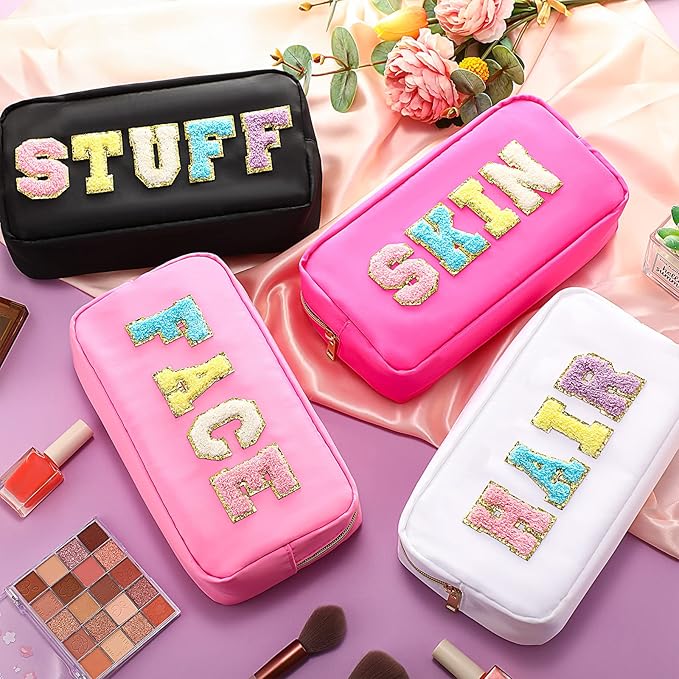 Cunno 4 Pcs Preppy Makeup Bags Chenille Letter Stuff Bag Nylon Cosmetic Pouch Cases with Zipper for Women Travel Toiletry