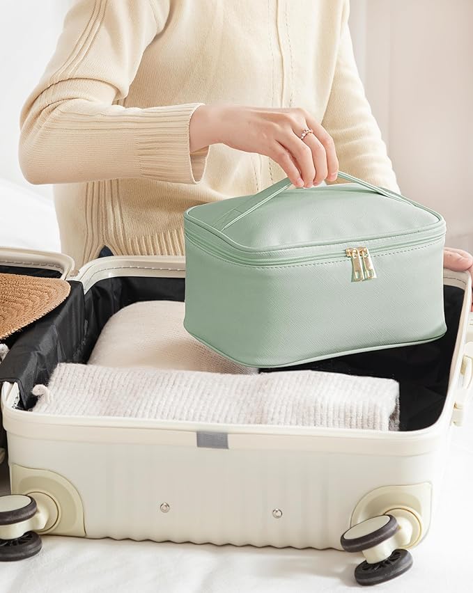 Makeup Bag for Women Large Travel Makeup Bag Organizer Portable Toiletry Bag Cute Makeup Bags Waterproof Leather Cosmetic Bag Makeup Case with Removable Dividers, Green