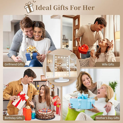 HUONUL Makeup Mirror, Vanity Mirror with Lights, 2X/3X/10X Magnification, Touch Control, Trifold, Dual Power Supply, Valentines Day Gifts for Her,Gifts for Women, Wife, Mom, Girls,Dorm Room Essentials