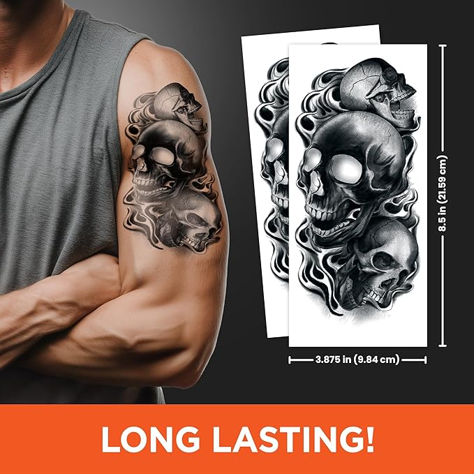 Skull Temporary Tattoo Sleeves – Realistic Full Arm Fake Tattoos for Men & Women, Slip-On Sleeve Style, Reusable Halloween Costume Accessory or Cosplay Prop