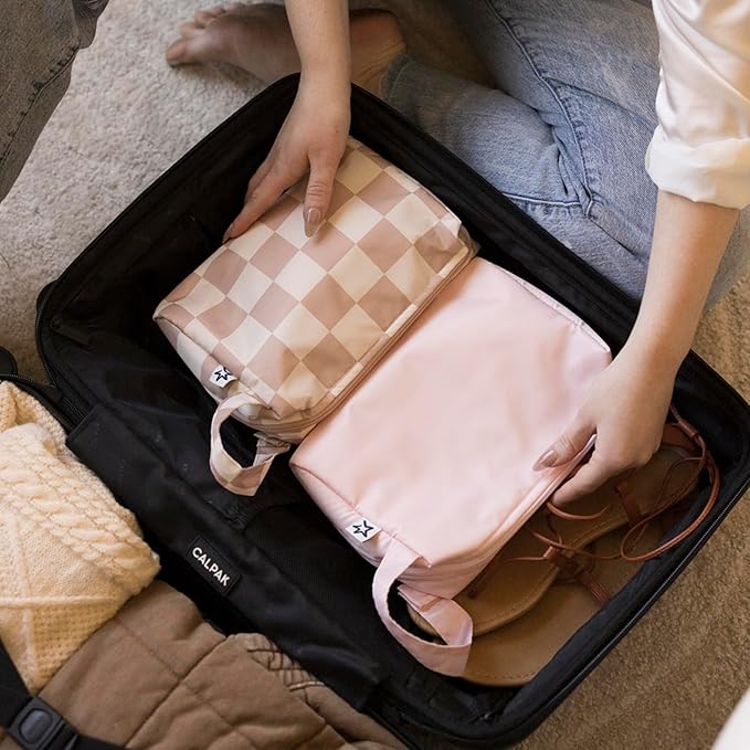 Tiny Twinkle Travel Waterproof Makeup Bag | Travel-Friendly Toiletry Cosmetic Case Organizer with Convenient Carry Handle | Spacious Interior Pouches and Secure Zipper Closure (Rose)