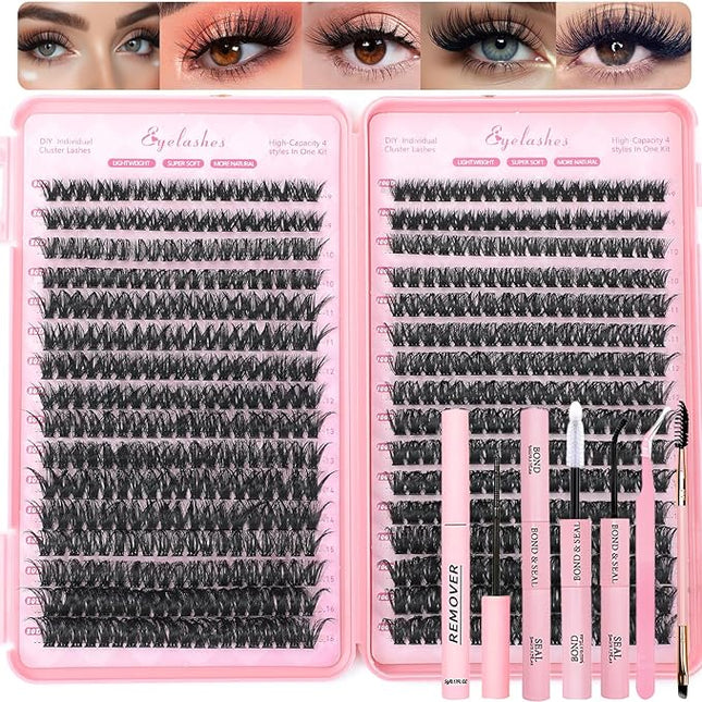 Lash Clusters Kit, 640 Pcs Eyelashes Clusters Extensions Kit 9-16mm Individual Lashes D Curl Fluffy Wispy False Eyelashes Thin Band, with Bond Seal Remover Tweezers Brush DIY (80D+100D Kit 9-16mm)
