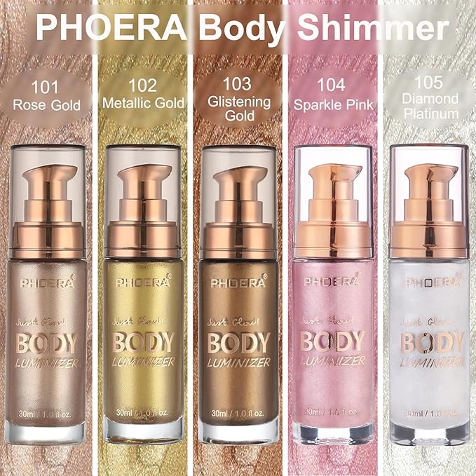 PHOERA Body Shimmer Oil,Bronzer Body Glow Highlighter Luminizer with Makup Bursh,Self Tanning Lotion,1oz/Jars (103 Glistening Bronze)