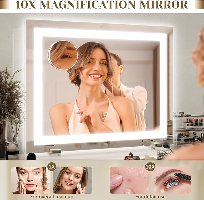 22x20 Inch Lighted Vanity Mirror, 3-Mode Touch Dimming LED Lighting, Large Makeup Mirror for Dressing Room, Tabletop or Wall-Mounted, White