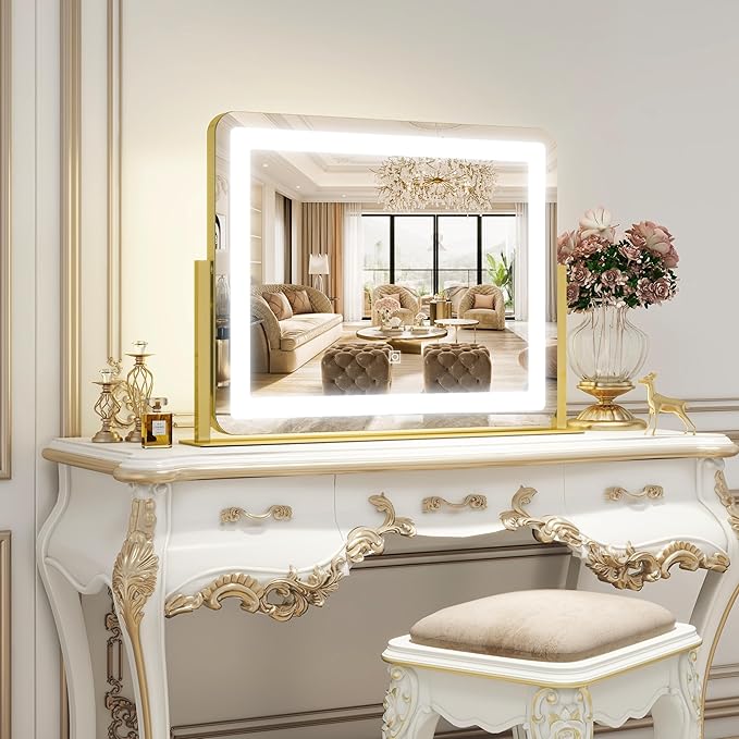 Gold Vanity Mirror with Lights - Smart Touch Dimming, 3-Color Lighting, 360° Rotatable Desktop Makeup Mirror for Desk, 22"x17"