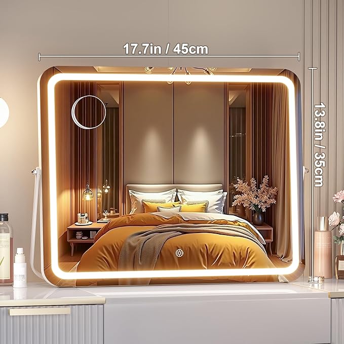 MINISO Vanity Mirror with Lights, 18" x 14" LED Makeup Mirror, Light & Brightness Adjustment, Smart Sensor, 360°Rotation, Aluminum Alloy Metal White Frame, with 5X Magnifying Glass