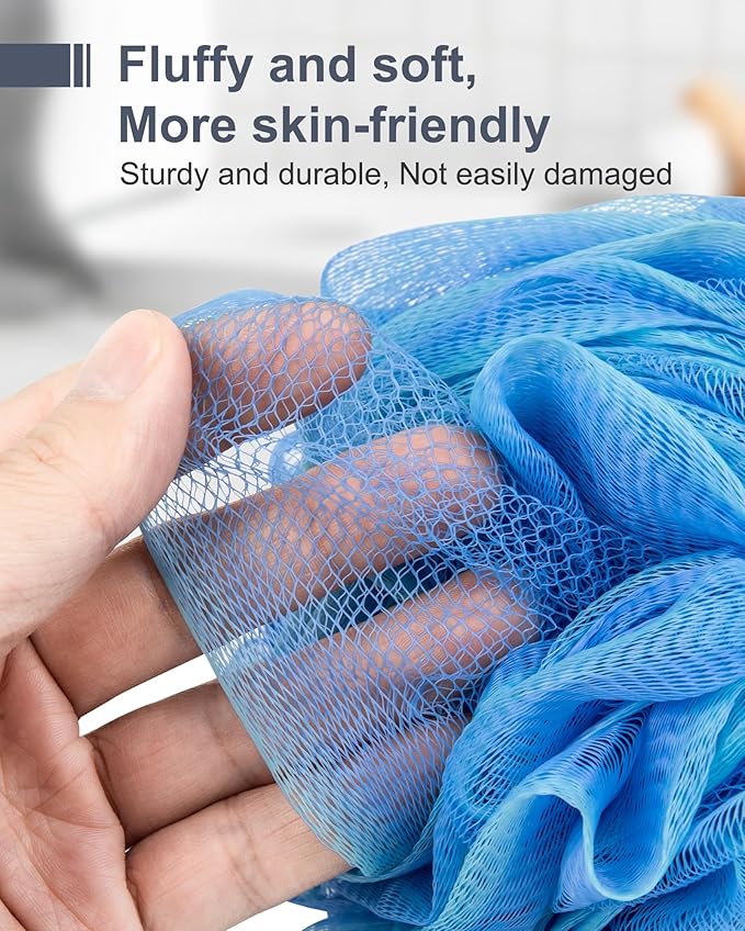 Loofah Sponge, XXL Large Loofah 100g 4 Pack, Bath Sponge Soft Mesh Shower Loofah for Men, Body Scrub, Shower Pouf Bath Accessories, for Body Wash, Soap (Blue)