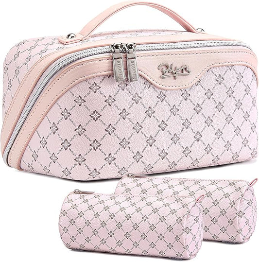 BOYATU Travel Makeup Bag Cosmetic Bags for Women: 3 Pcs Set Portable Make up Bag with Handle - Vegan Leather Toiletry Bags with Compartments - Makeup Organizer for Travel Essentials(01-Pink)