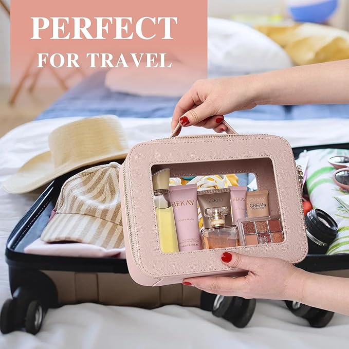 Pinkmik Clear Makeup Bag for Women Waterproof Travel Cosmetics and Toiletries Case Portable Makeup Oaganizer Bag Clear Car Bag with Zipper (Pink, M+L)